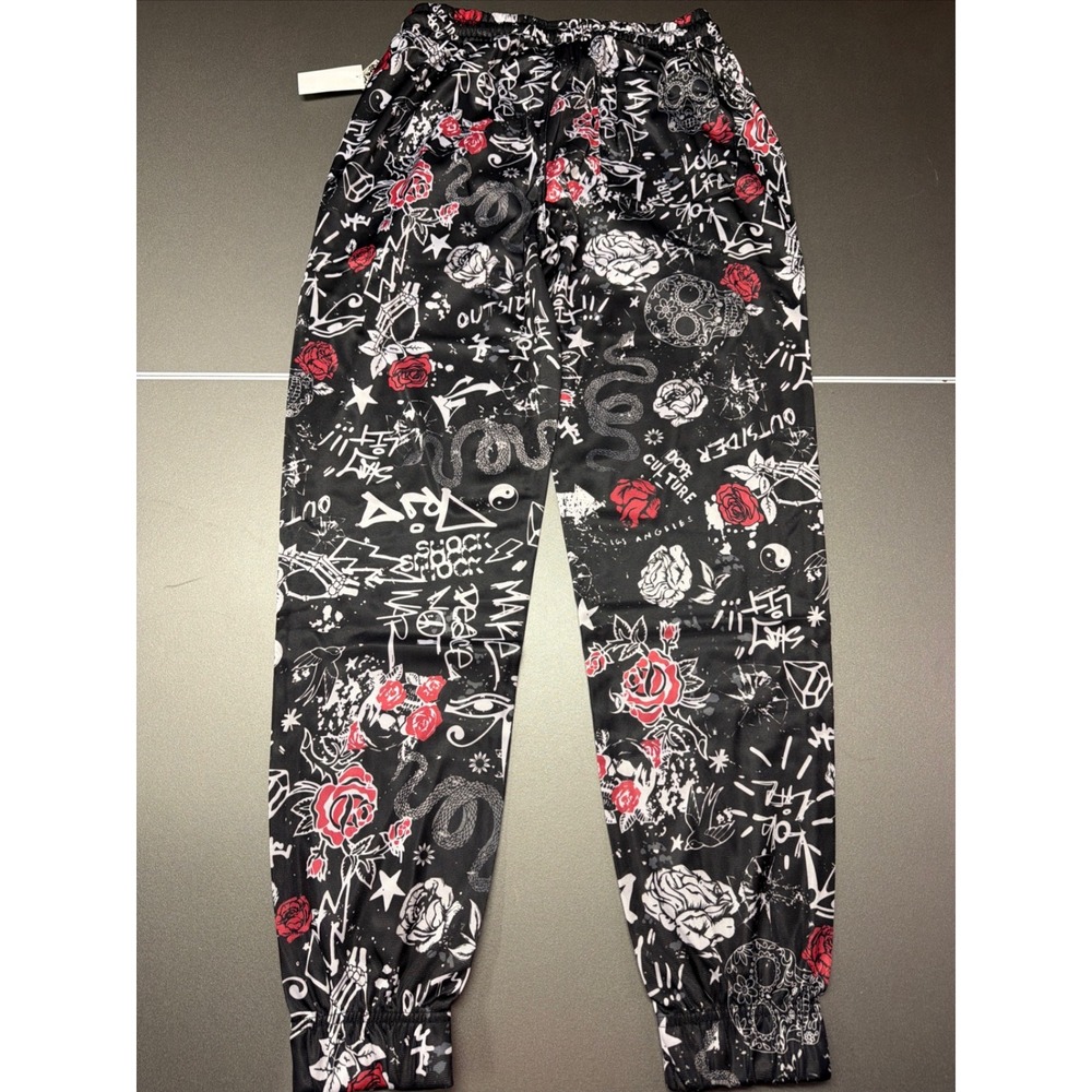 Fresh Laundry Mens Graffiti Print Joggers Black Red Roses Skulls Streetwear L